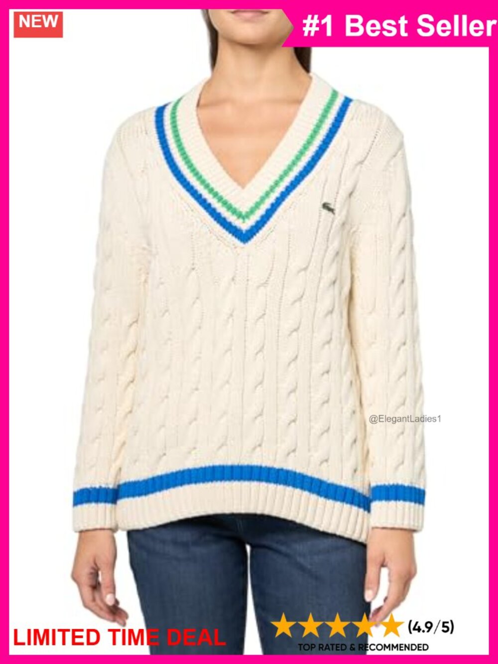 Lacoste Women's V-Neck Cable Knit Pullover Sweater